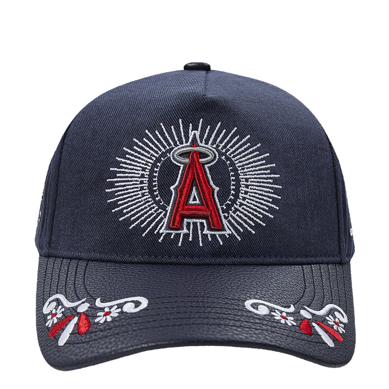 Navy strapback cap with red A skull emblem, white rays, and embroidered side flowers