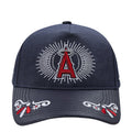 Navy strapback cap with red A skull emblem, white rays, and embroidered side flowers