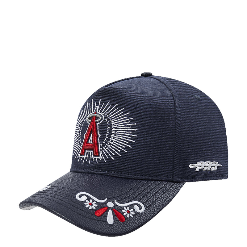 Navy strapback cap with front A emblem and floral embroidery along curved brim