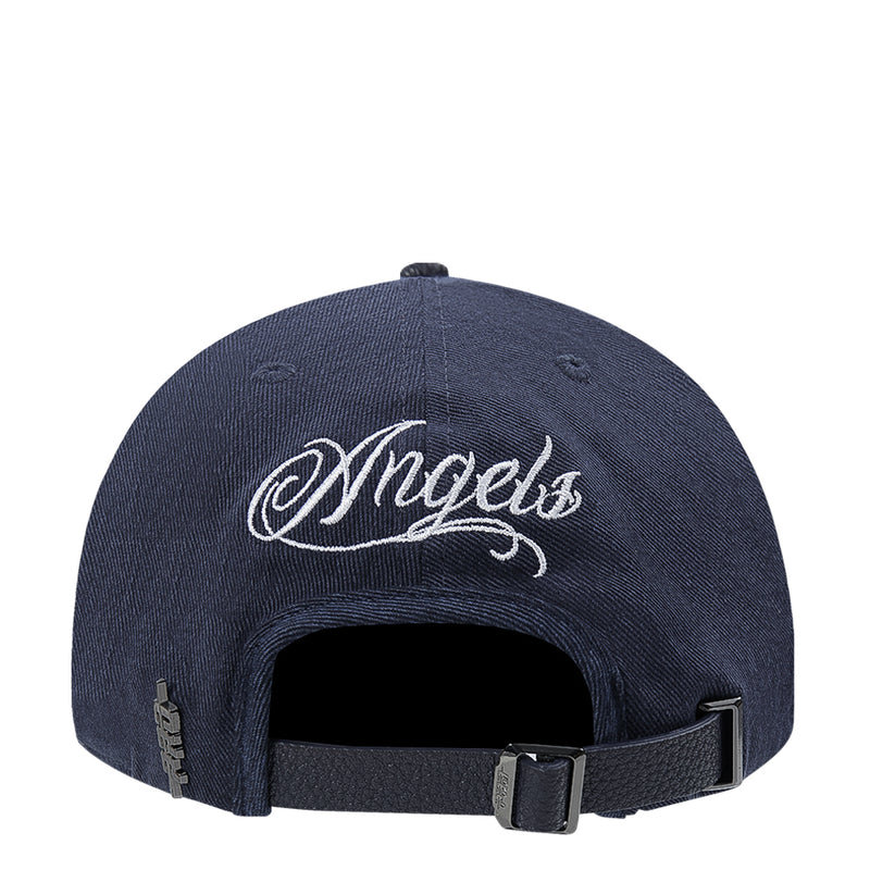 Navy strapback cap back view with Angels script and adjustable leather strap