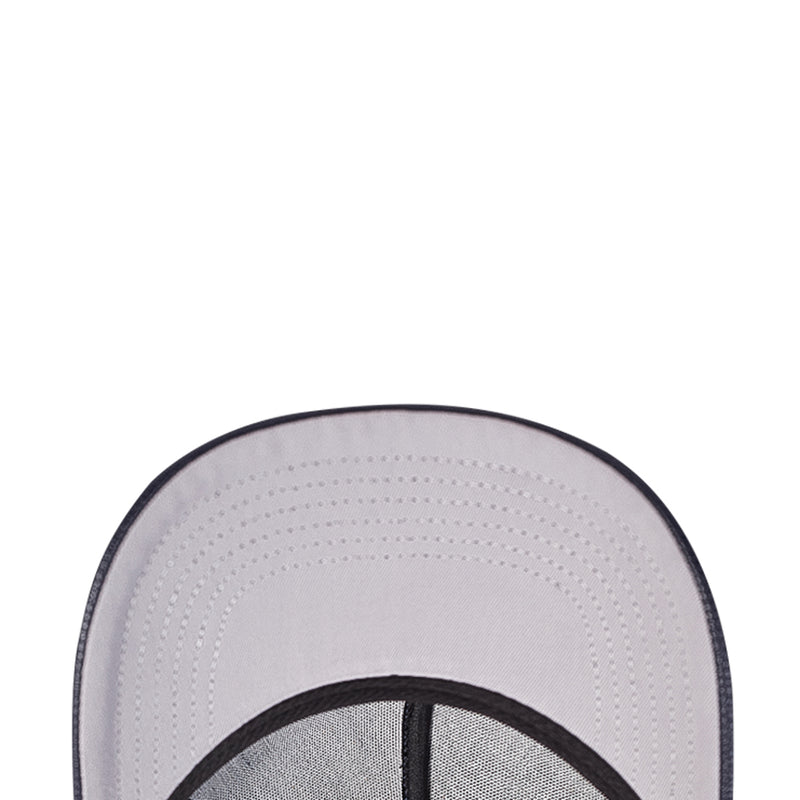 Strapback cap interior with light mesh lining and curved front brim stitching