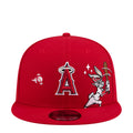Red flat-brim baseball cap with A logo and Bugs Bunny patch