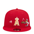 Red snapback baseball cap with embroidered Angels 'A' logo and Daffy Duck graphic