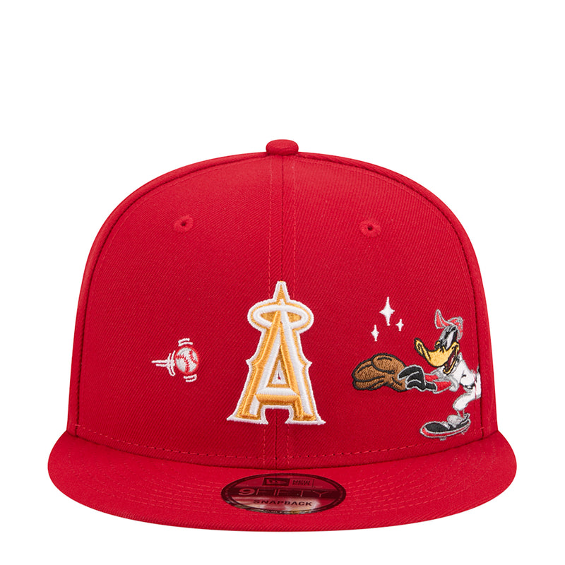 Red snapback baseball cap with embroidered Angels 'A' logo and Daffy Duck graphic