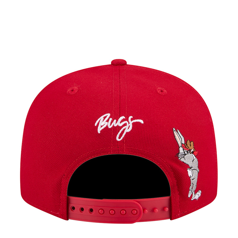 Red baseball cap with 'Bugs' text and Bugs Bunny side embroidery