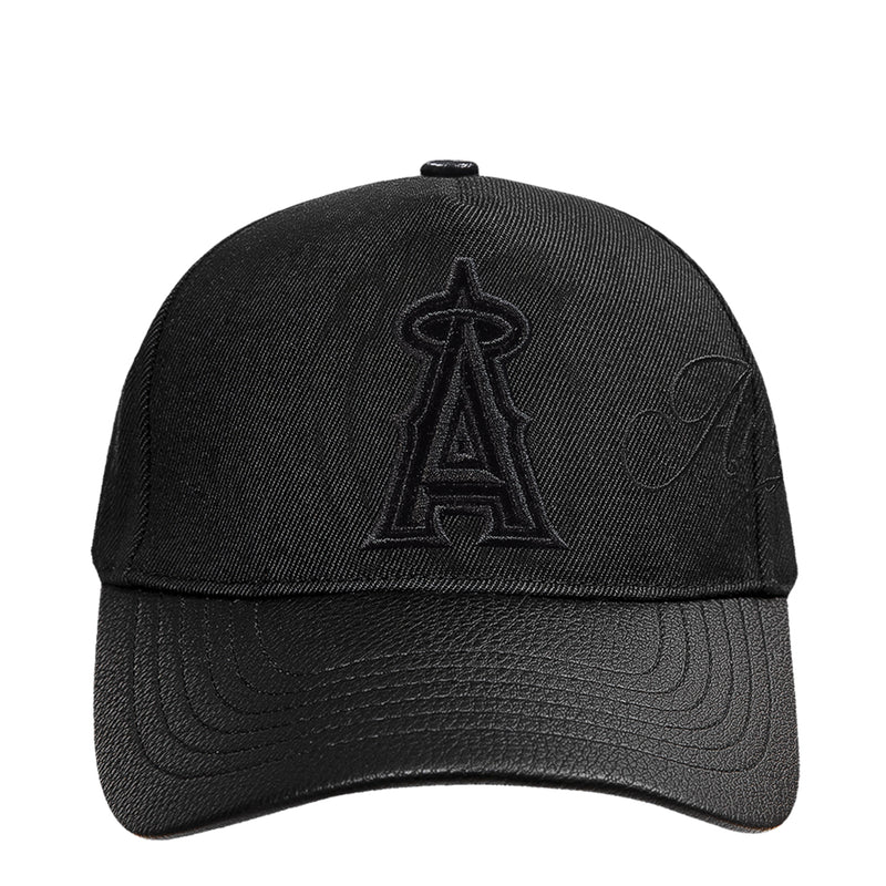 Black low-profile snapback cap with embroidered Angels-style A logo on front