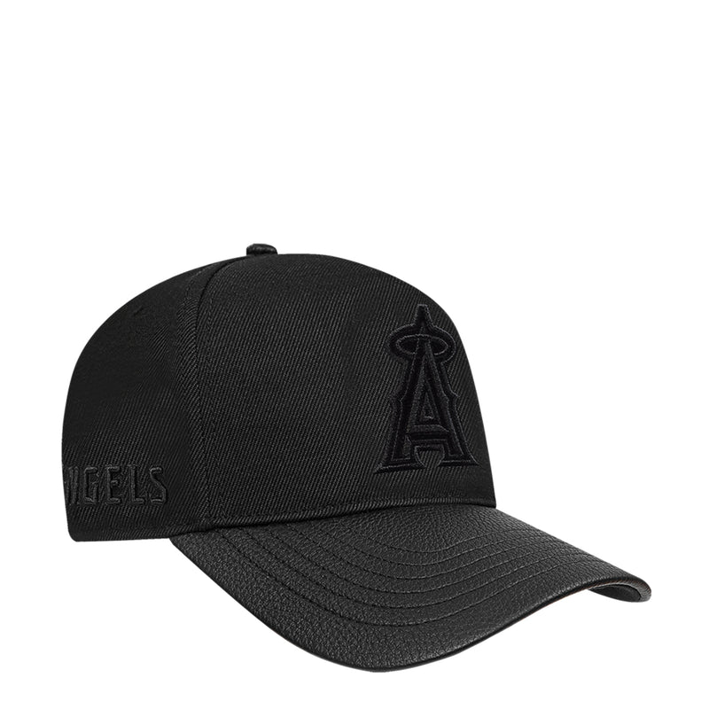 Black low-profile snapback cap, side view with embroidered A logo