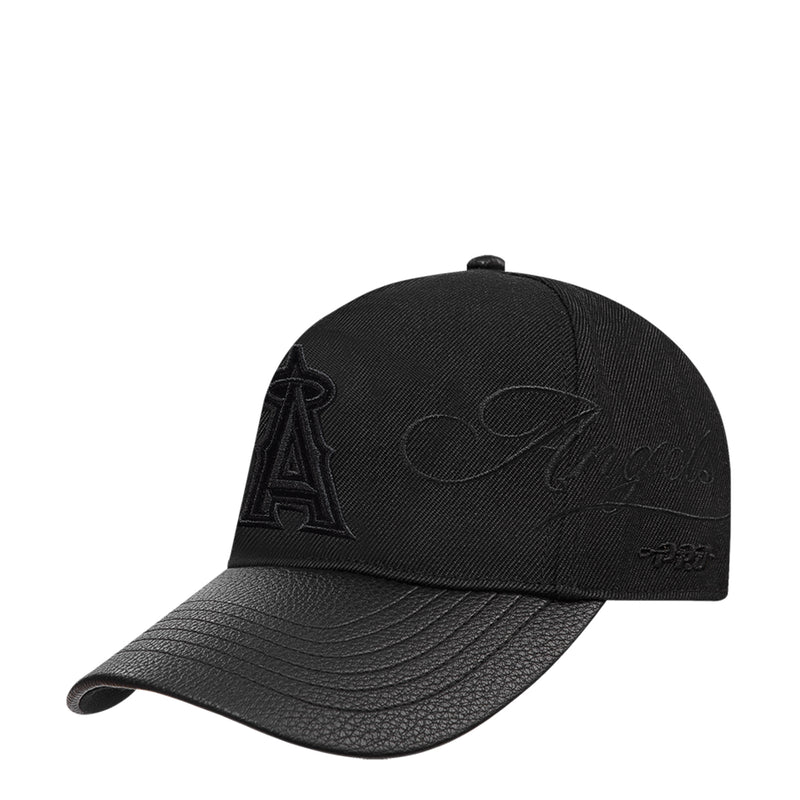 Black low-profile snapback cap, angled view with stitched A logo and script embroidery