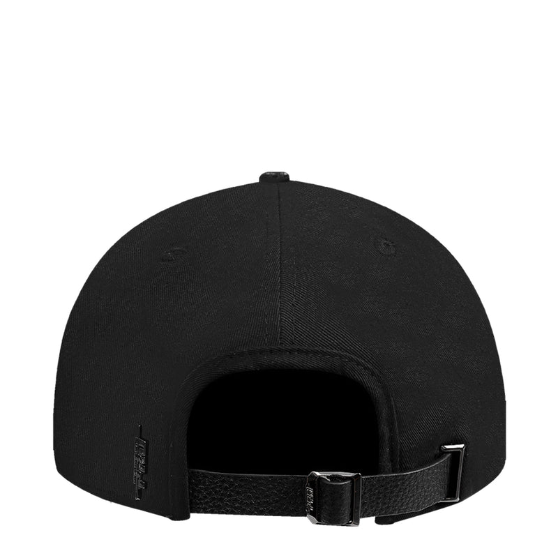 Black low-profile snapback cap back view with adjustable leather strap and metal buckle
