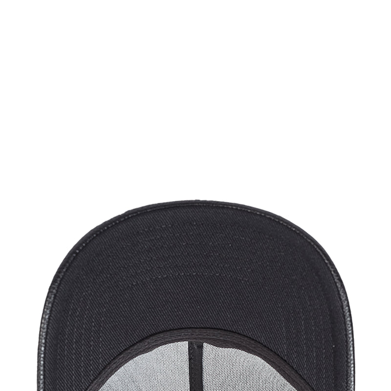 Black cap crown close-up with stitched brim edge and textured fabric