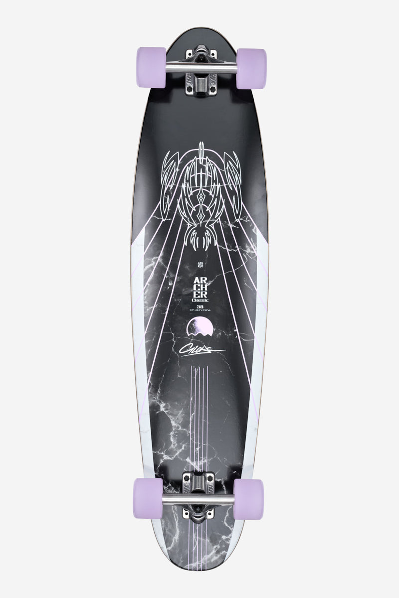 Archer Classic Bamboo Purple longboard viewed from above with purple wheels and a white graphic on a black deck