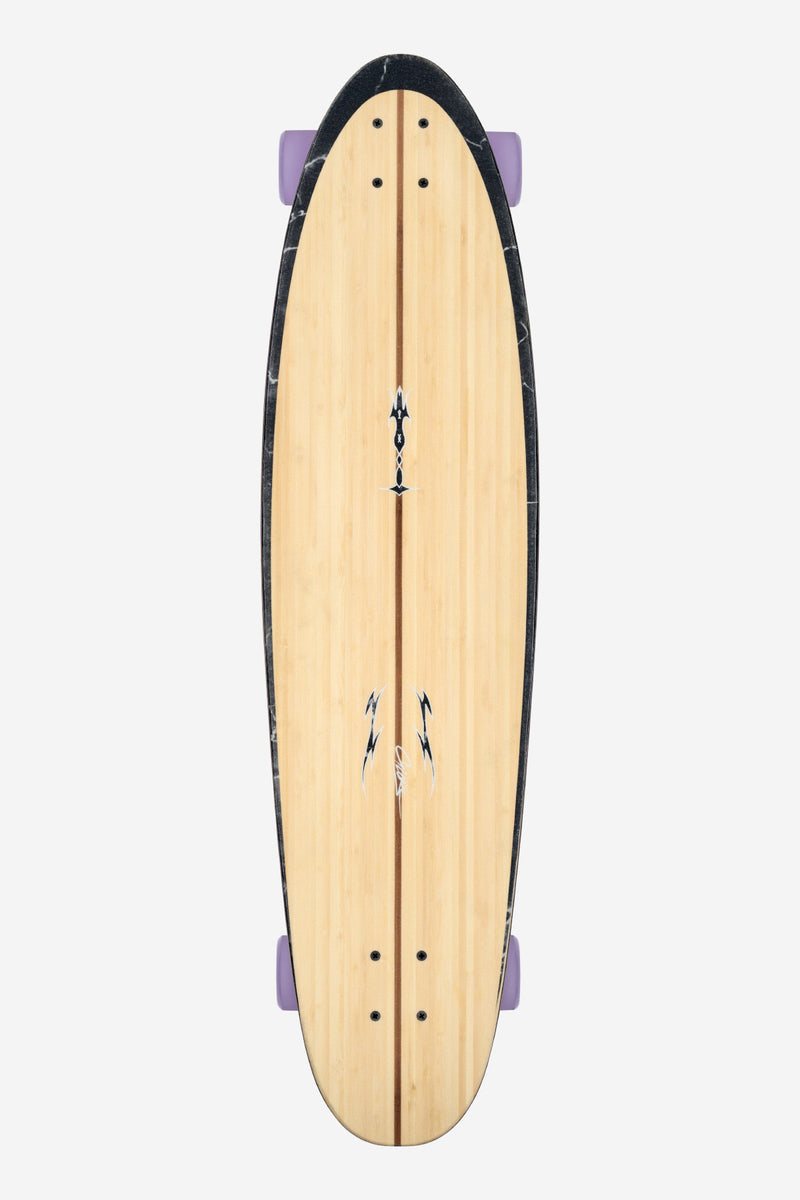 Top view of Archer Classic Bamboo Purple longboard deck in natural wood with purple wheels