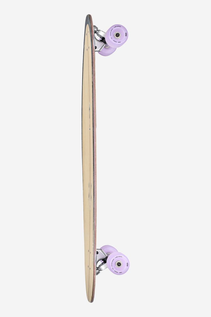 Side view of Archer Classic Bamboo Purple longboard showing natural wood deck and purple wheels