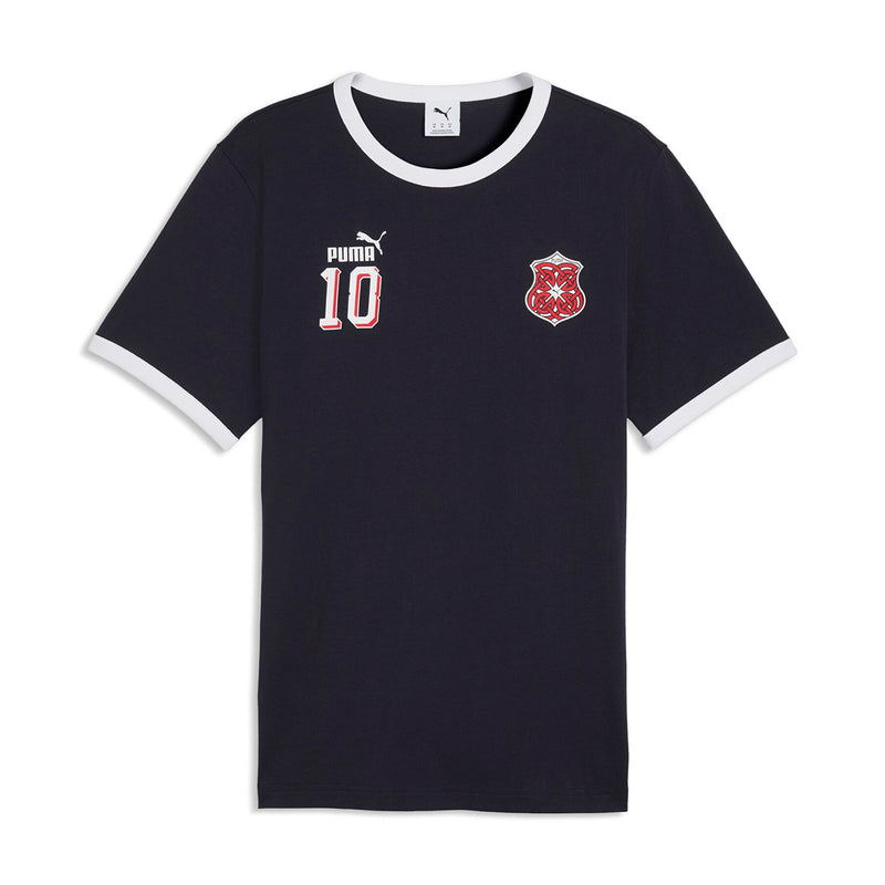 Men's dark navy ringer T-shirt with Puma logo, number 10, and red crest