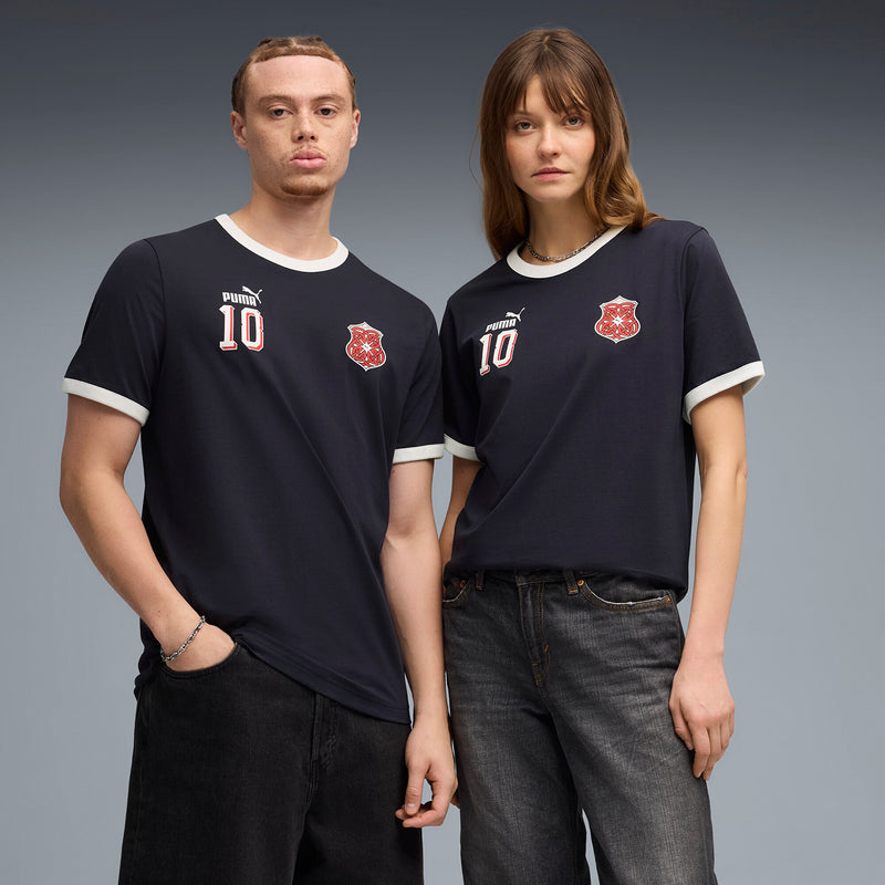 Men's dark navy ringer T-shirt with Puma 10 graphic and red crest