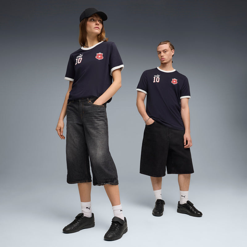 Men's dark navy ringer T-shirt with Puma 10 and red crest, full-body view
