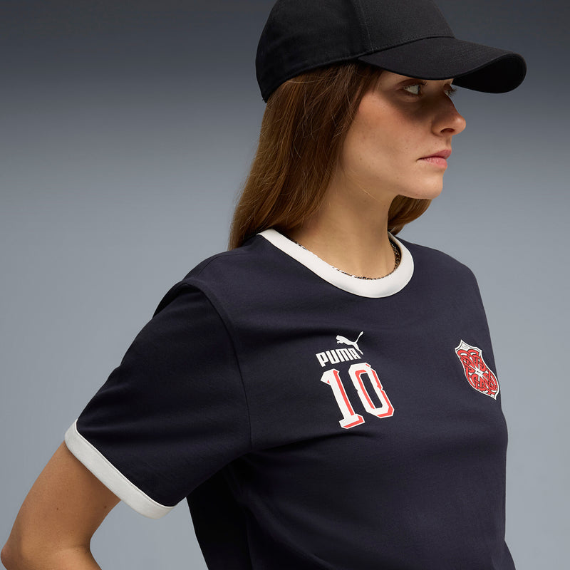 Men's dark navy ringer T-shirt close-up with Puma 10 and red crest on chest