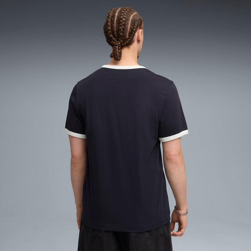 Men's dark navy ringer T-shirt with white trim, back view