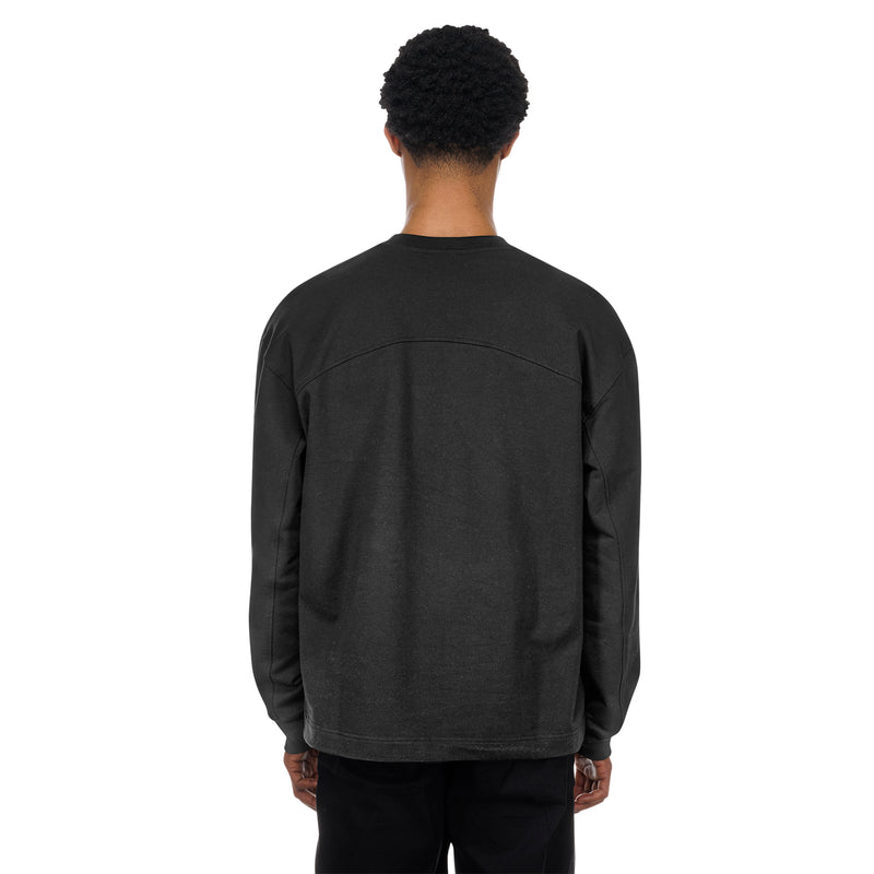 Men's black long-sleeve crewneck T-shirt back view with plain rear panel