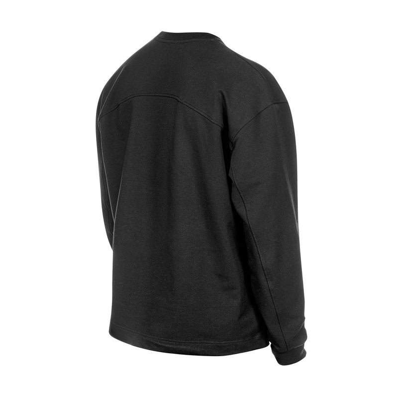 Men's black long-sleeve crewneck with curved back yoke seam detail