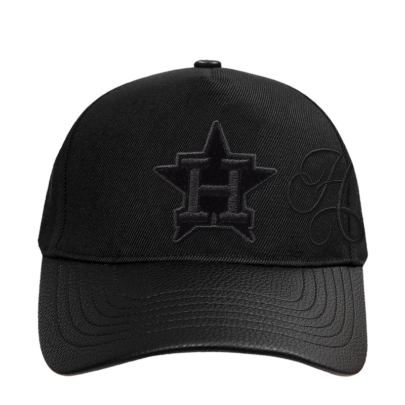 Black snapback cap with front embroidered star-and-H logo and curved brim