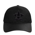 Black snapback cap with front embroidered star-and-H logo and curved brim