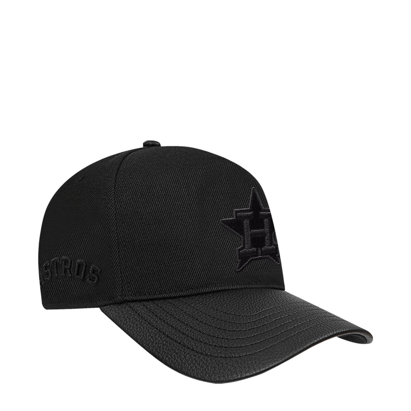 Black snapback cap with side star logo embroidery and curved brim