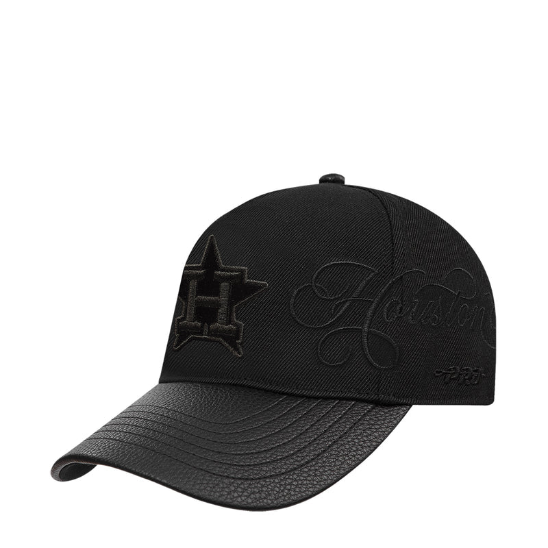 Black snapback cap with front-left star logo and script-style embroidered marks