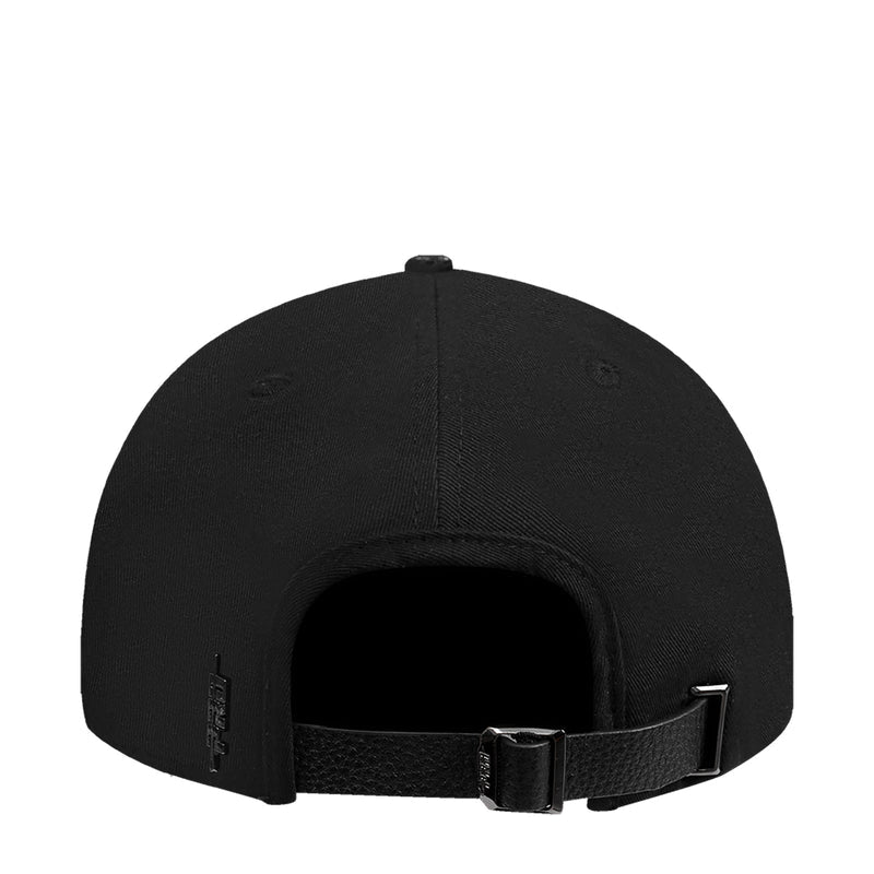 Black snapback cap with adjustable rear strap and inner buckle