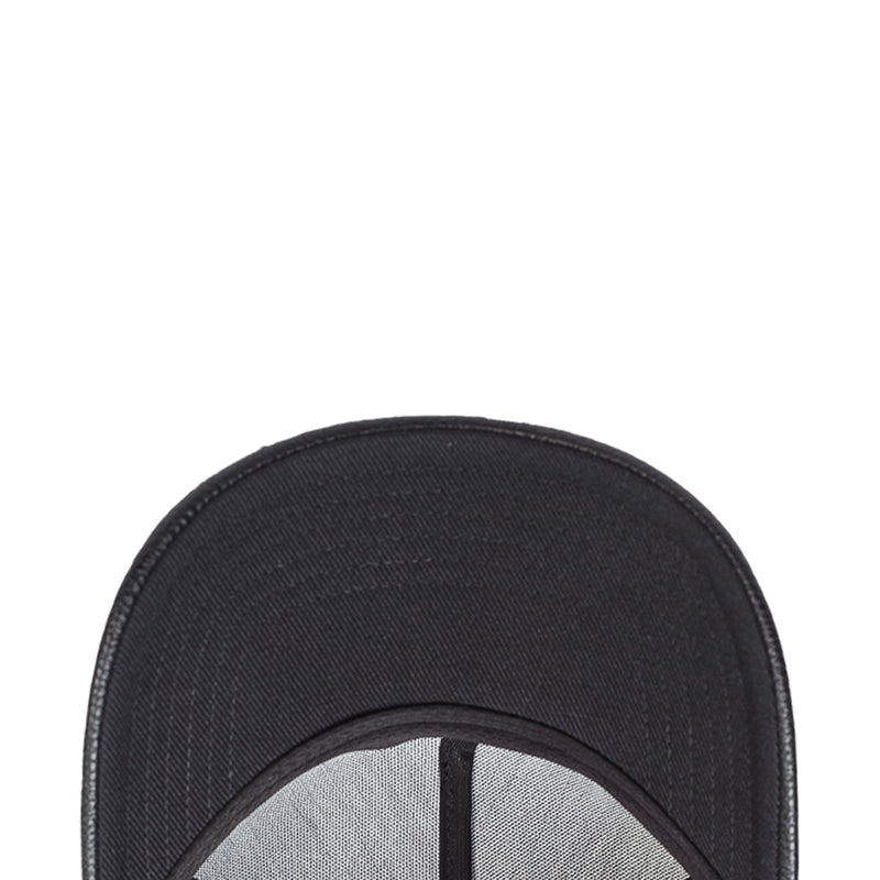 Black snapback cap interior showing stitched headband and curved opening