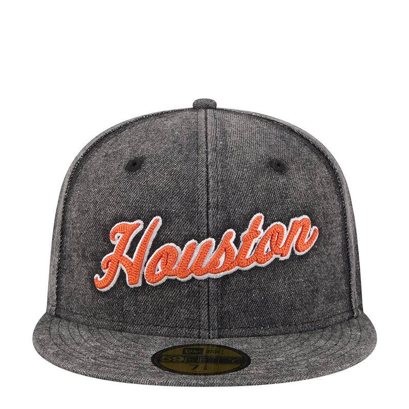 Heather gray baseball cap with orange embroidered “Houston” script logo