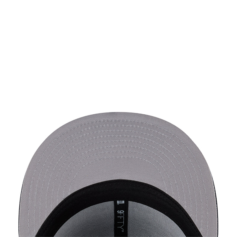 Light gray baseball cap with black interior band, showing brim underside