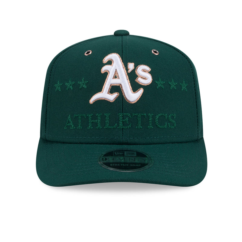 Green stretch-snap baseball cap with Athletics logo and “Athletics” text