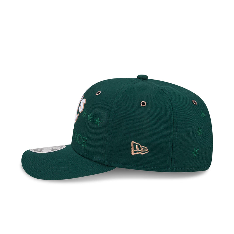 Green stretch-snap baseball cap with embroidered Athletics star graphic and studs
