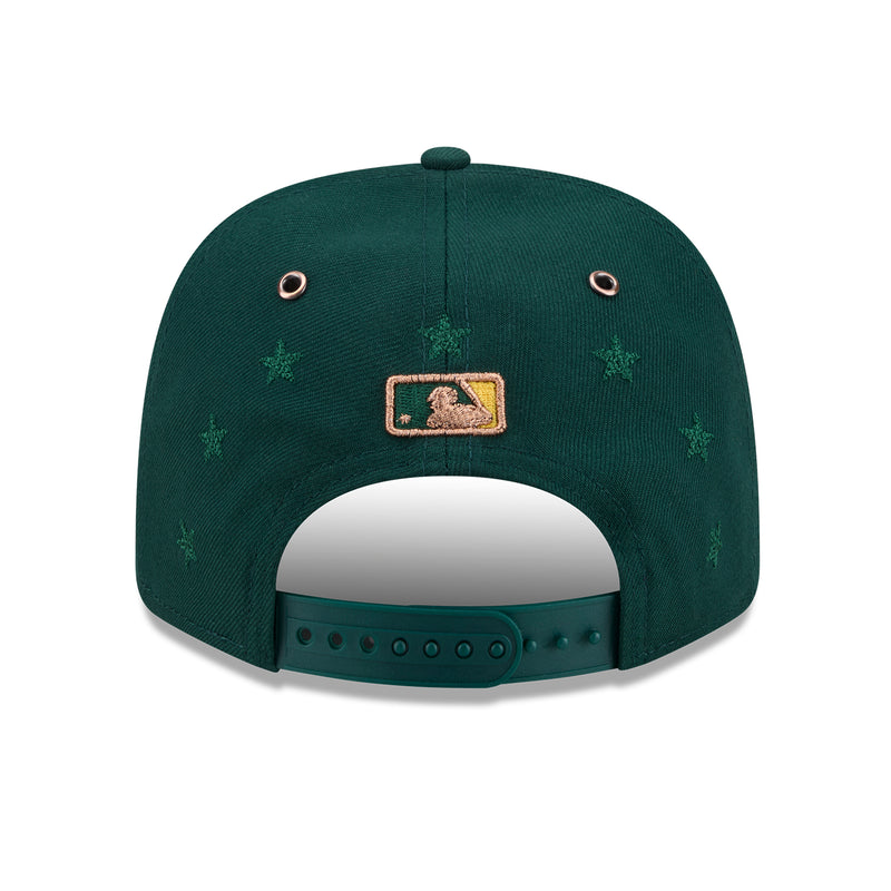 Green stretch-snap baseball cap with rectangular patch at center and snapback