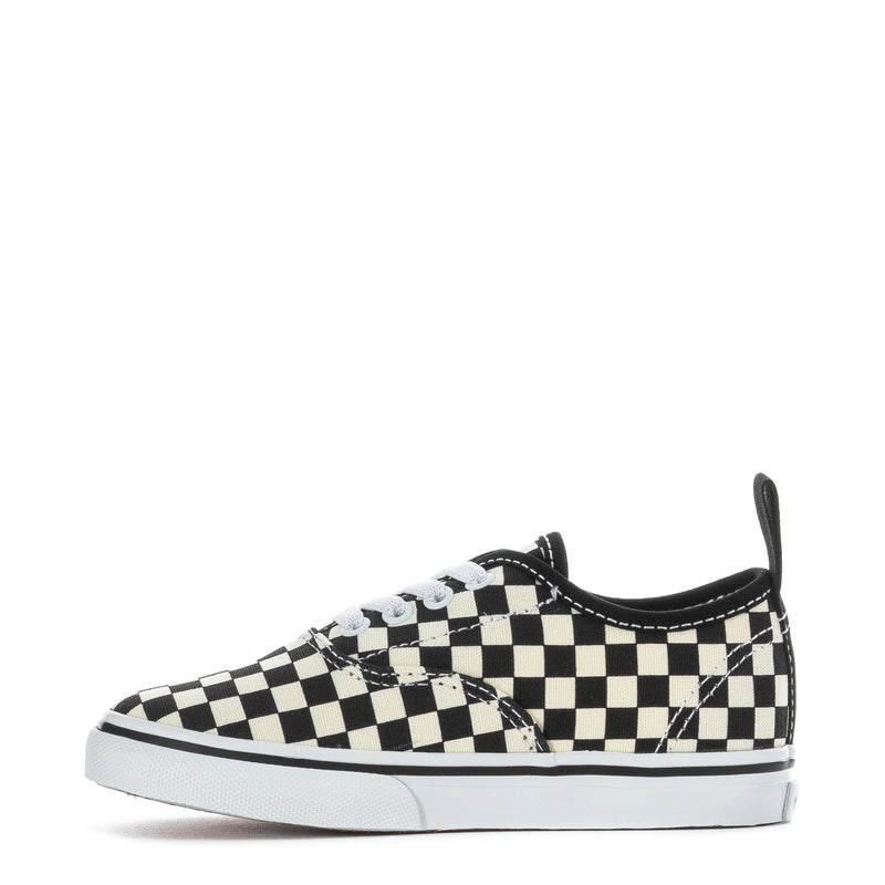 Toddler lace-up sneakers with black and white checkerboard canvas side panel