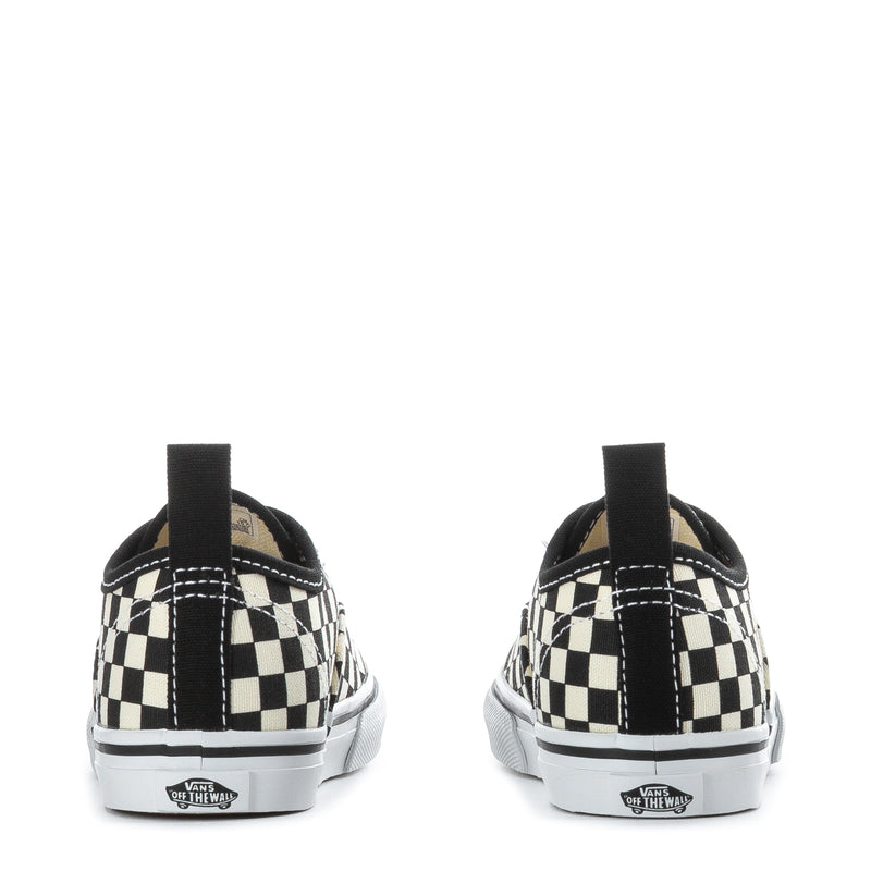 Toddler low-top sneakers with black and white checkerboard print, rear view