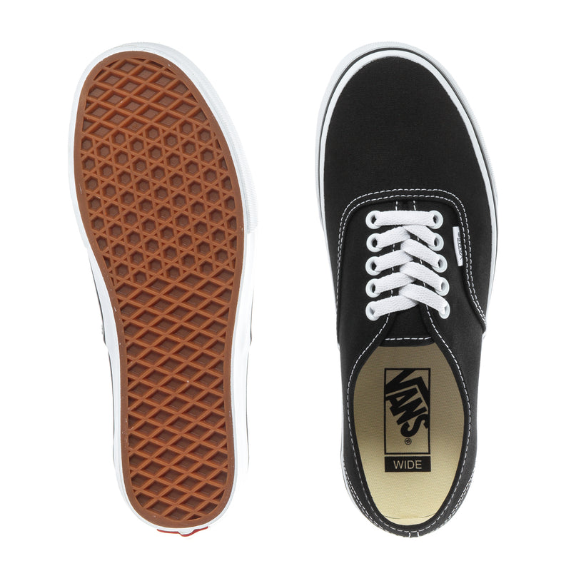 Vans Authentic Wide sneaker outsole and side view, black canvas, waffle tread