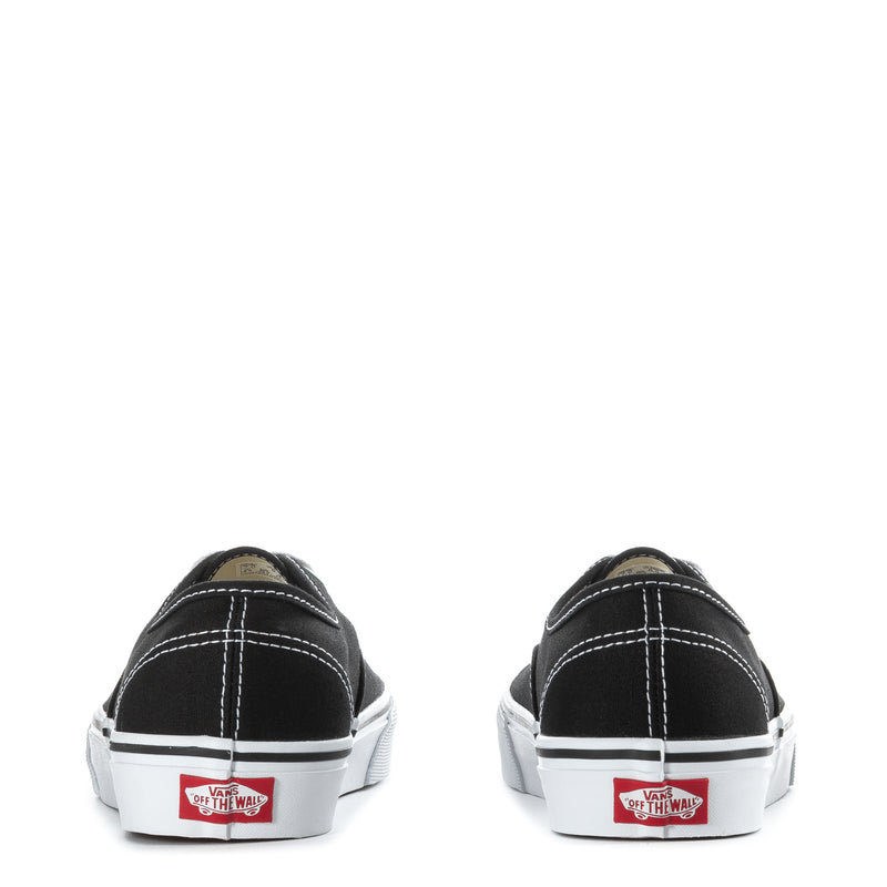 Back view of black Vans Authentic Wide sneakers, white midsoles and heel branding