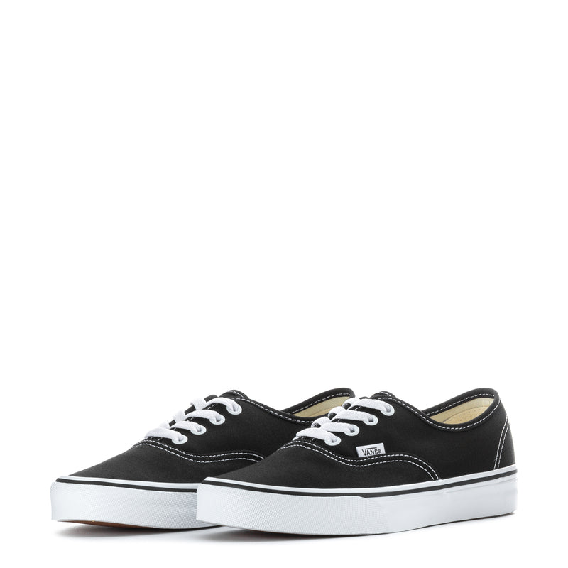 Youth black canvas sneakers, pair view, with white laces and Vans logo patch