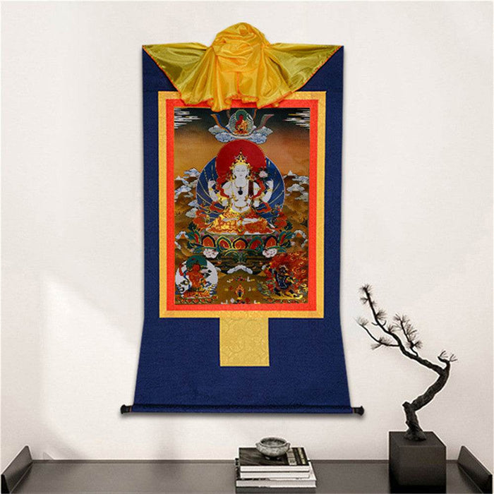 Chenrezig - Tibetan thangka painting, detailed view