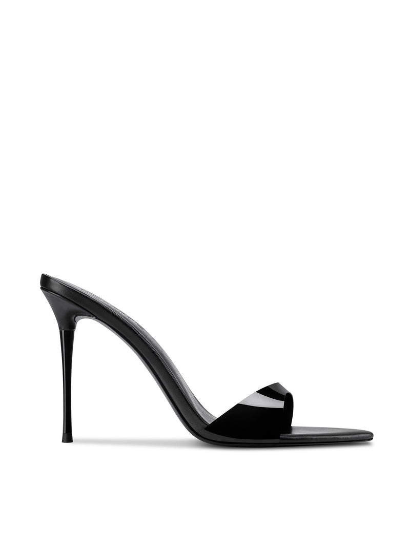 Black minimalist Azúcar Slipper mule by FEMME LA, side view showing ultra-slim stiletto heel and single wide toe strap
