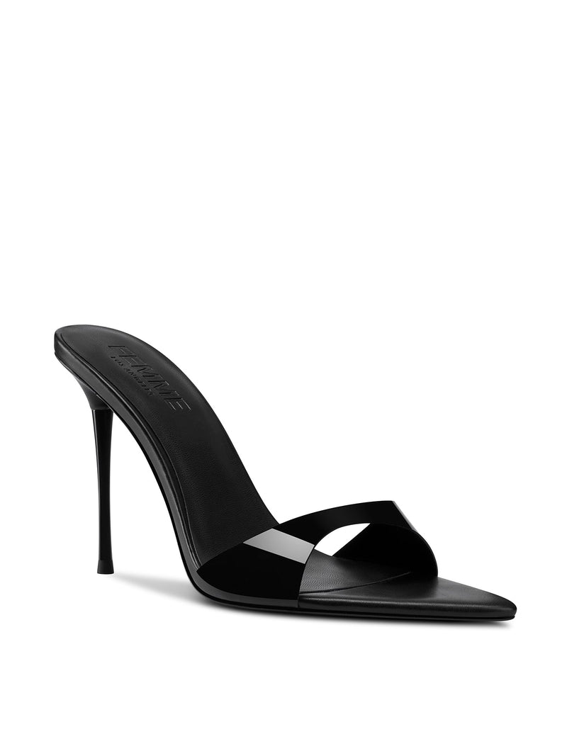 FEMME LA Azúcar Slipper in black, 3/4 front angle showing wide toe strap and FEMME-embossed black insole