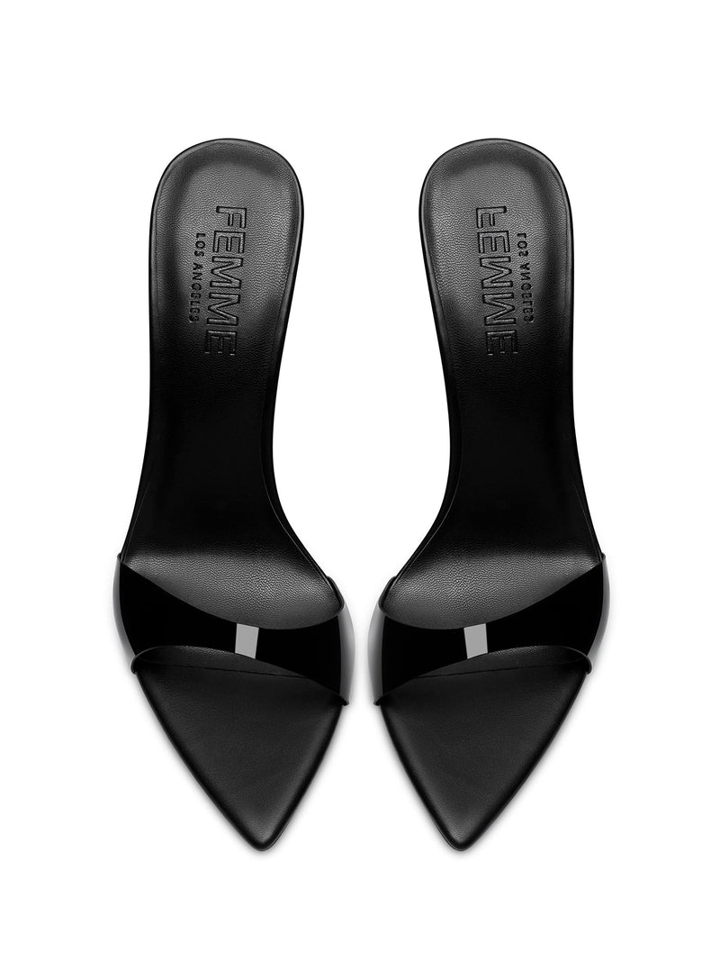 FEMME LA black Azúcar Slipper mules, overhead flat lay showing FEMME LOS ANGELES embossed insoles and pointed toes