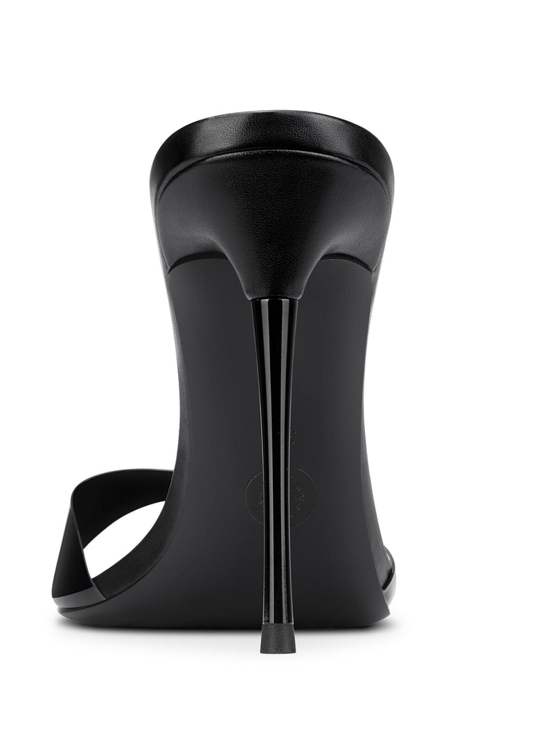 FEMME LA Azúcar Slipper in black, back view showing all-black slim stiletto heel and counter