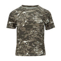 Women's camo baby tee, short-sleeve crew neck, front view