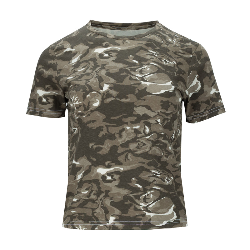 Women's camo baby tee, short-sleeve crew neck, front view
