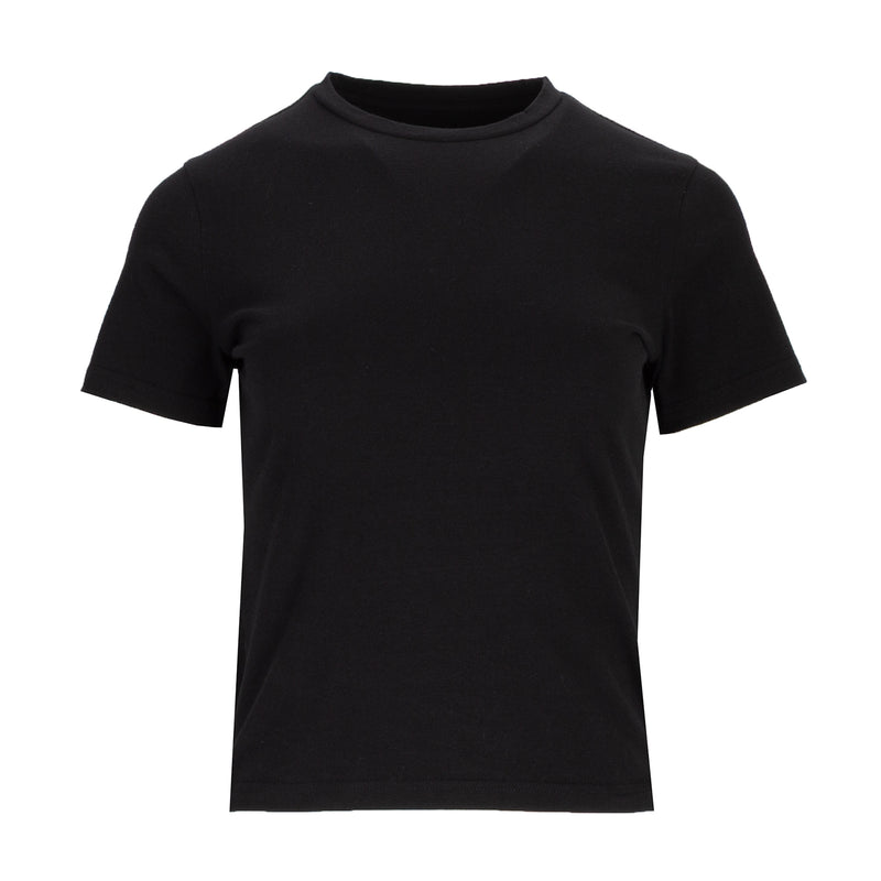Women's black baby tee with short sleeves and crew neck