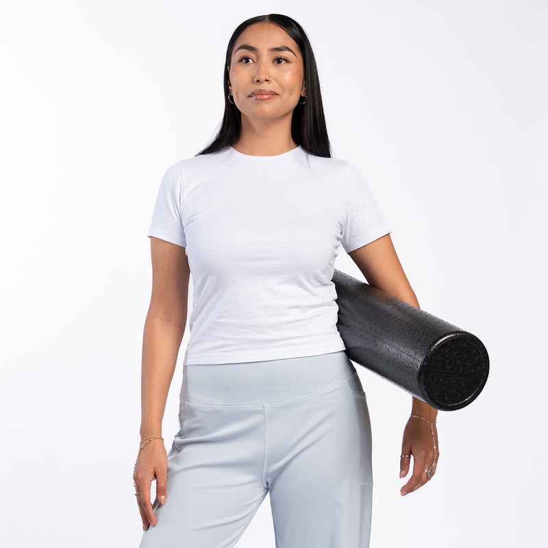 Women’s white crew-neck short-sleeve baby tee shirt, front view