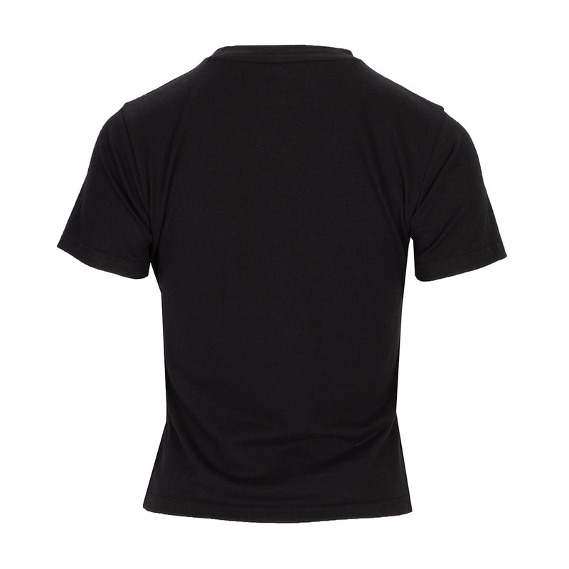 Women's black baby tee with crew neck and short sleeves, back view